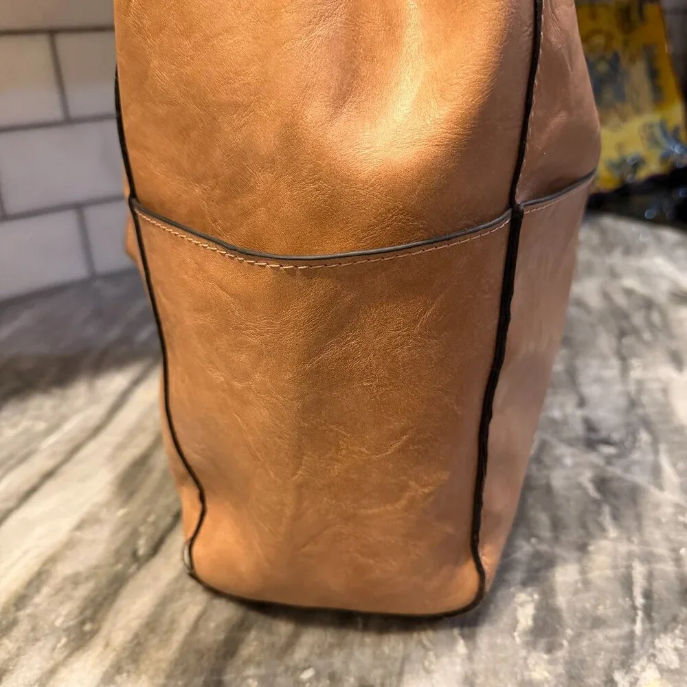 Tan Faux Leather Hobo/Bucket Bag with 3 Exterior Pockets